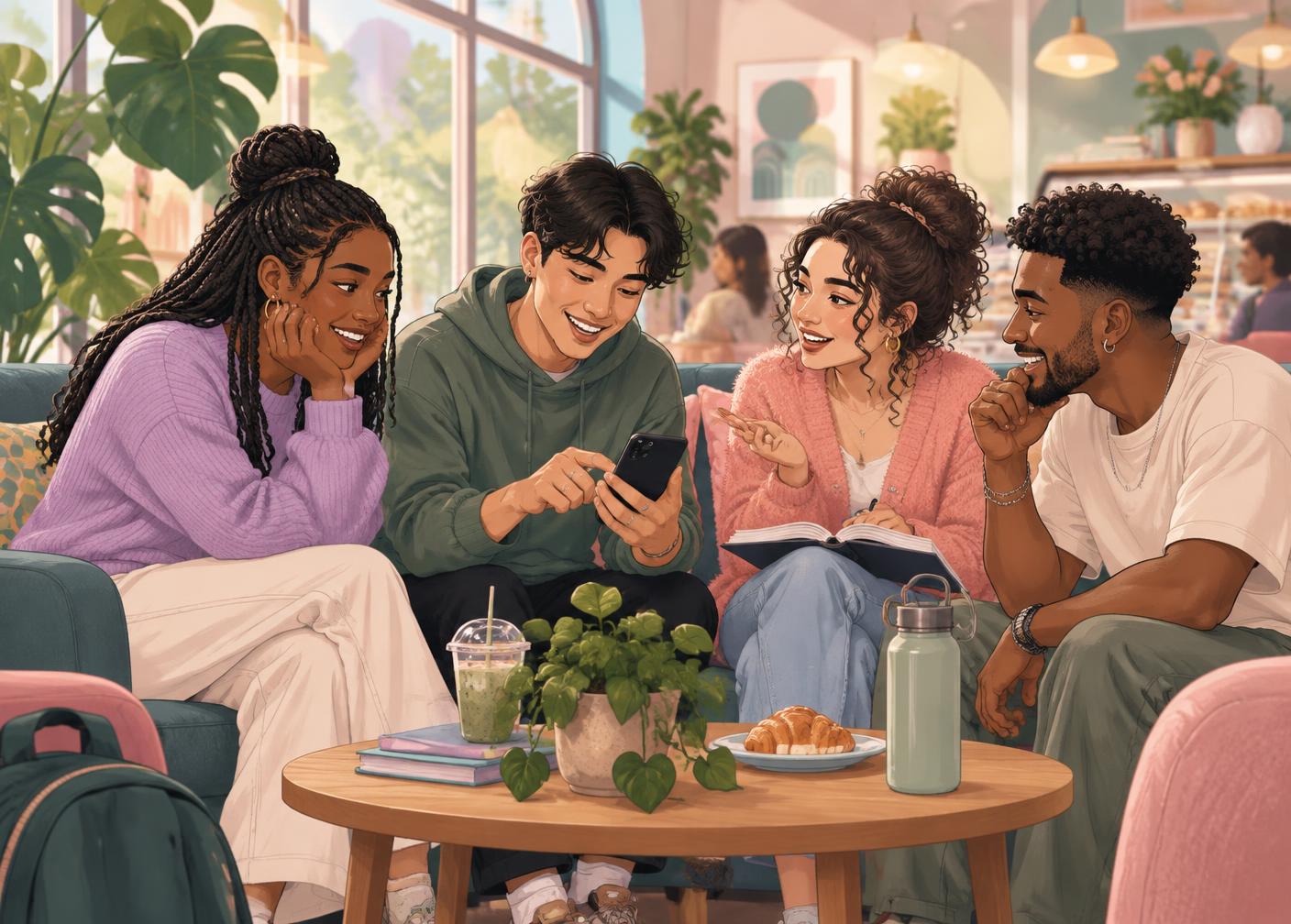 Four young adults sharing a phone, notebook and conversation in a bright café lounge