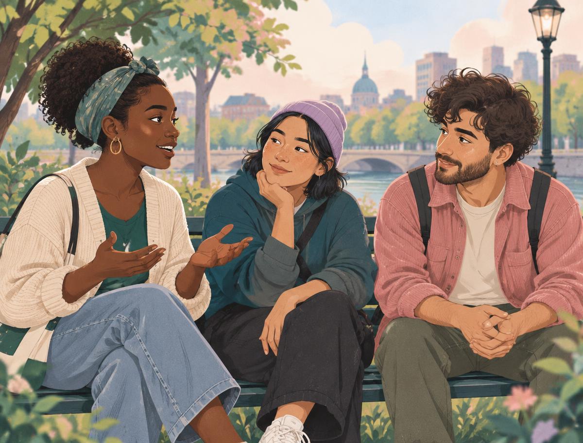 Three young adults sharing a thoughtful conversation together on a park bench
