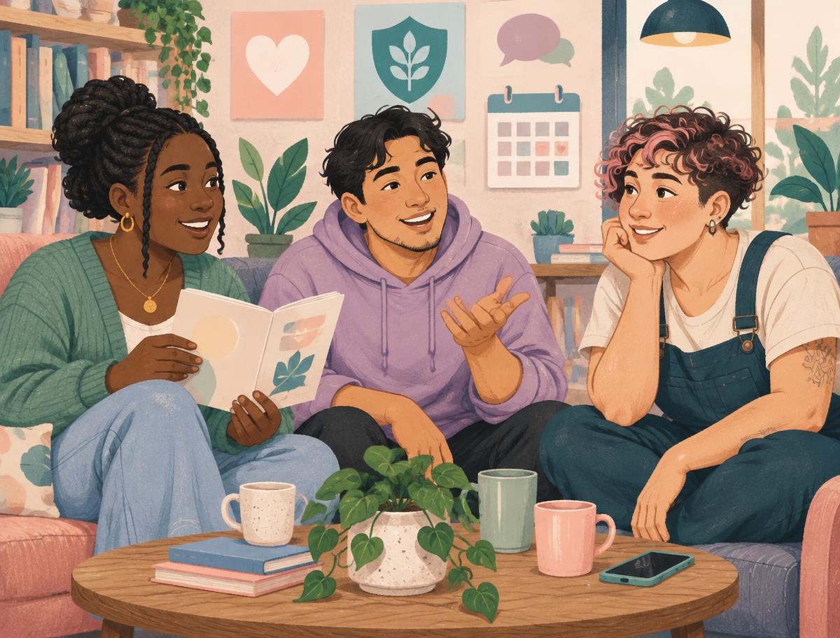 Three young adults discussing sexual and reproductive health information in a comfortable reading space