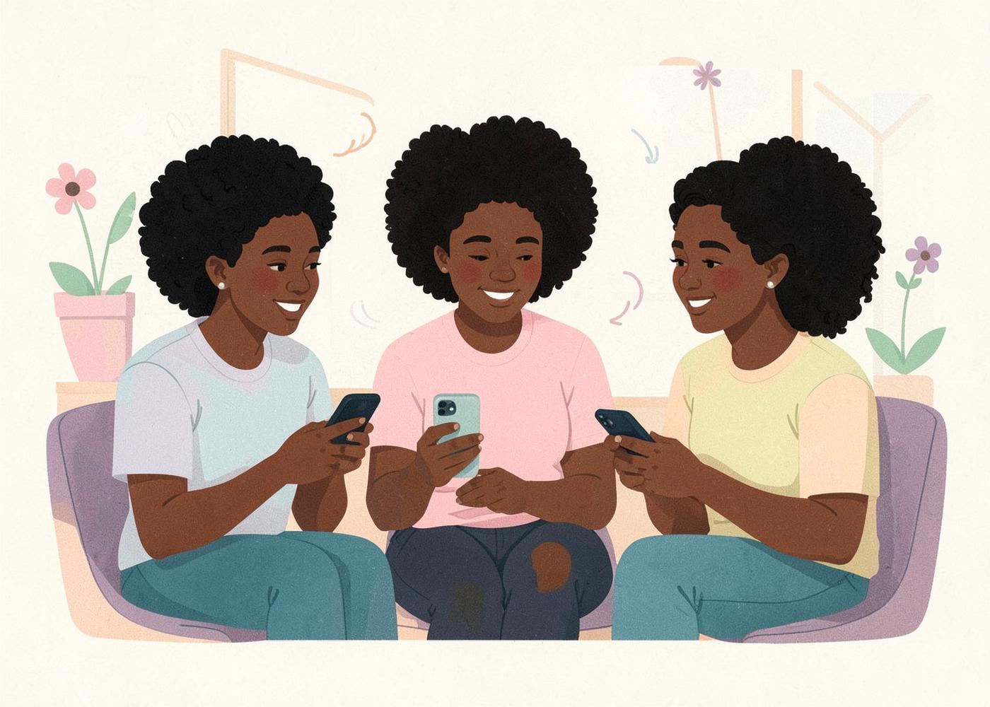 Three young adults exploring health information together on their phones