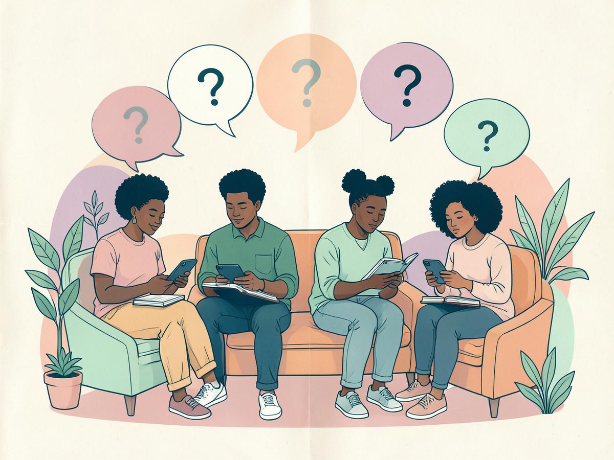 Editorial illustration of young adults reading and discussing health information